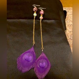 Purple peacock feather earrings